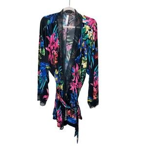 Cacique Night Robe Women's Size 22 / 24 Black Multicolor Floral